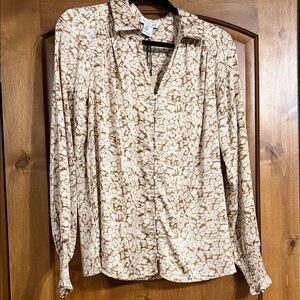 BNWT Rachel Zoe Women's LS V-neck Button Front Blouse Ivory Tan Brown Pattern M
